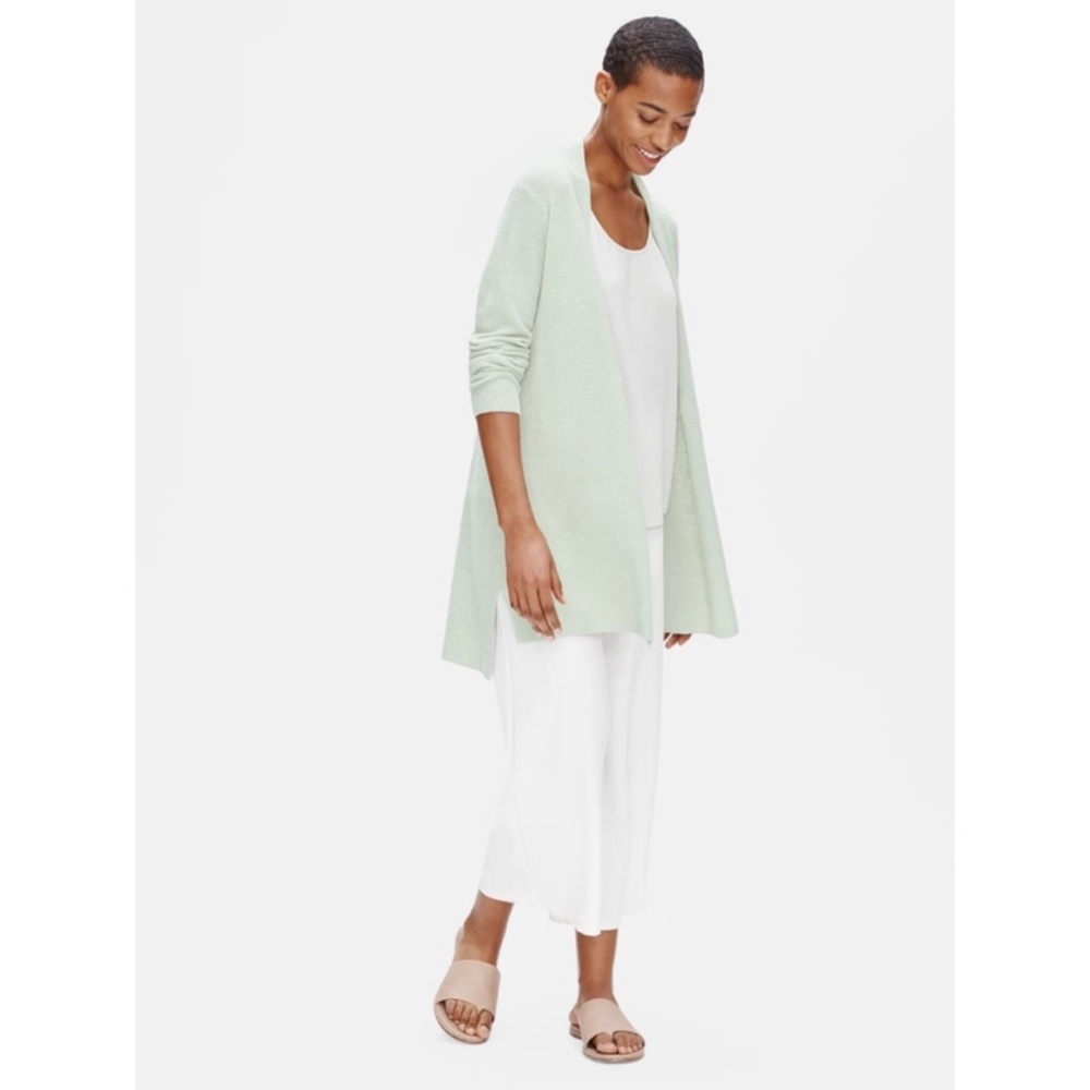 EILEEN FISHER CARDIGAN SWEATER ORGANIC LINEN CREPE STRETCH LONG MIST GREEN NWT